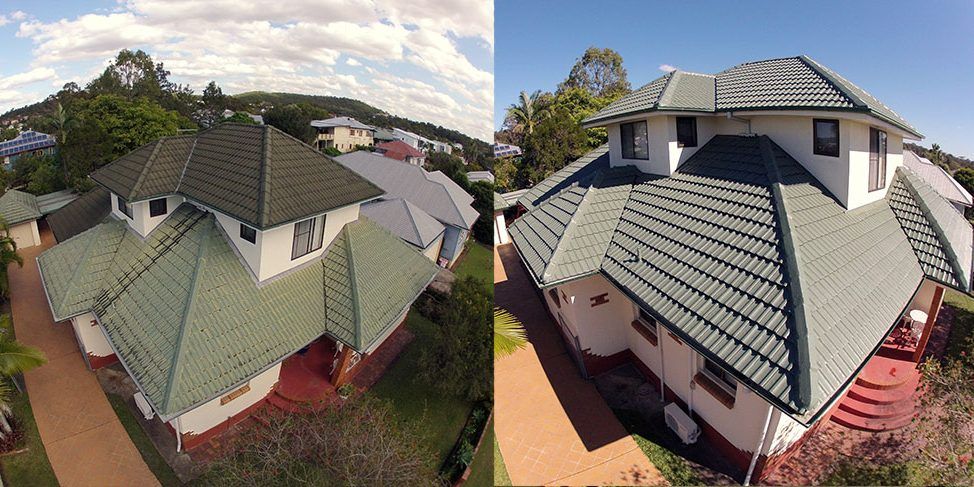 A before and after picture of a house with a green roof