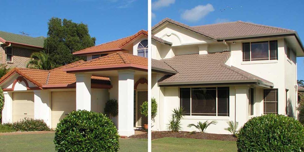 A before and after picture of a house with a tiled roof