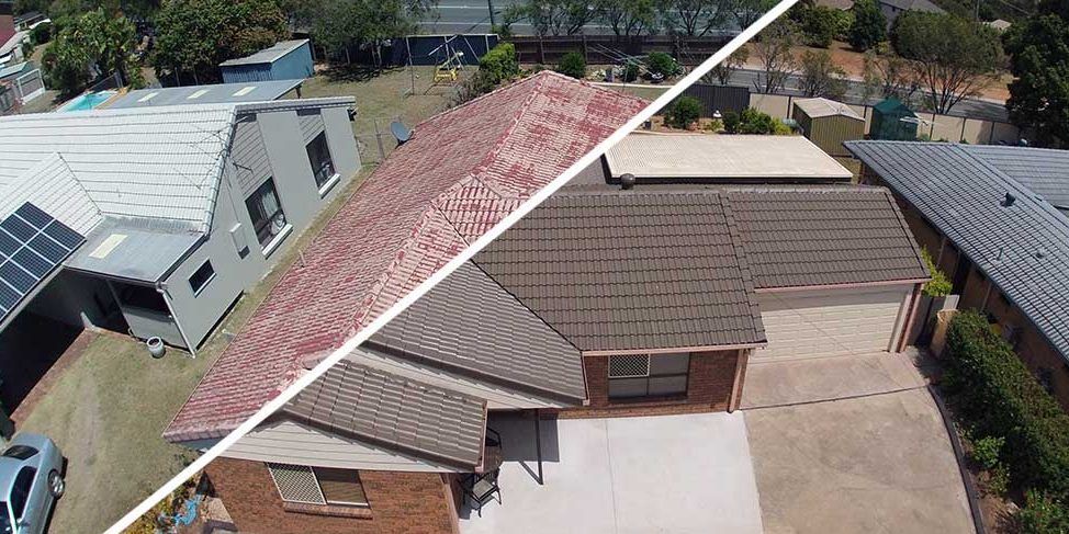 An aerial view of a house before and after being remodeled.