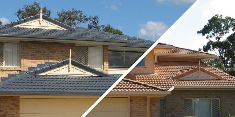 A before and after picture of a house with a tiled roof