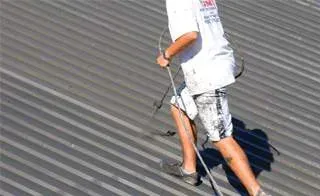 A man is standing on a roof holding a hose.