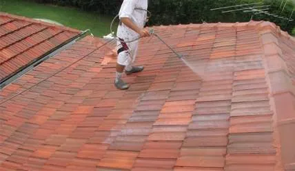 A man is cleaning a tiled roof with a high pressure washer.