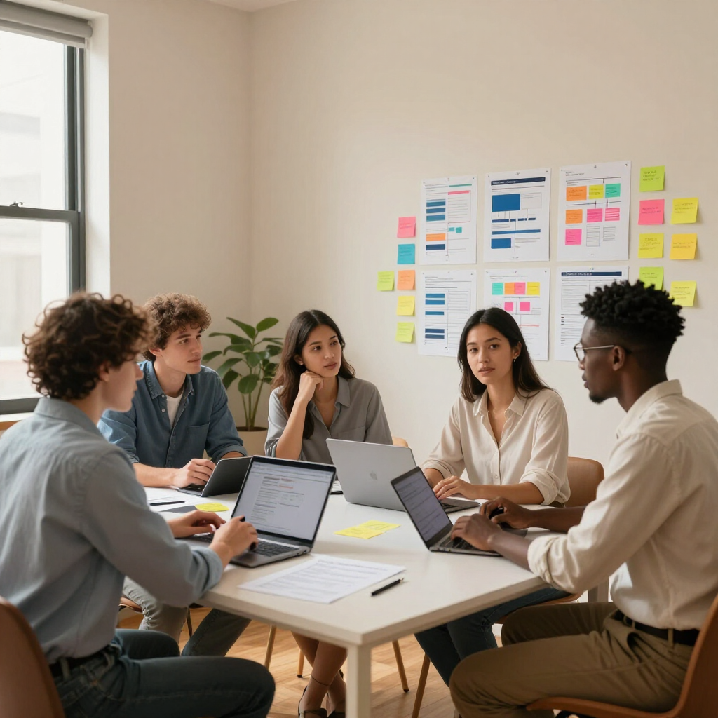 Cinco pessoas sentadas ao redor de uma mesa em um escritório bem iluminado, trabalhando em laptops com anotações colaborativas afixadas na parede.