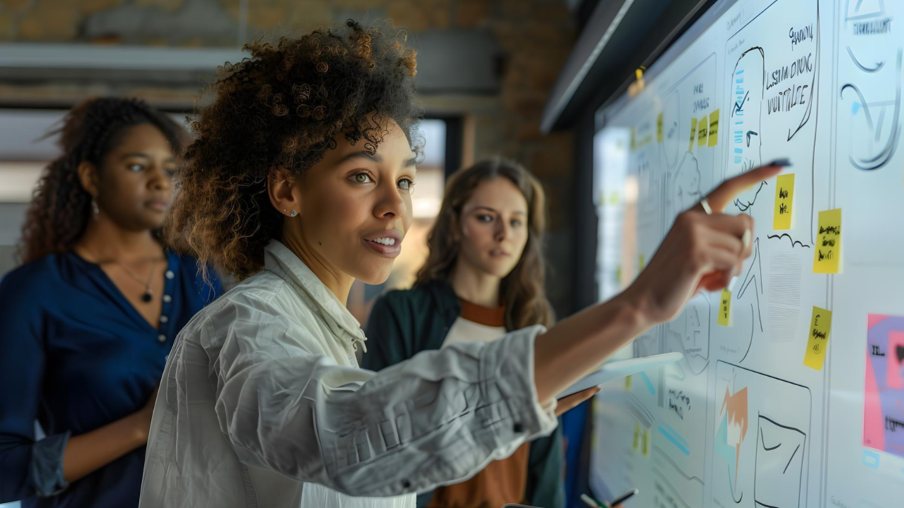 Uma mulher aponta para um quadro branco enquanto um grupo de mulheres observa a metodologia SMART