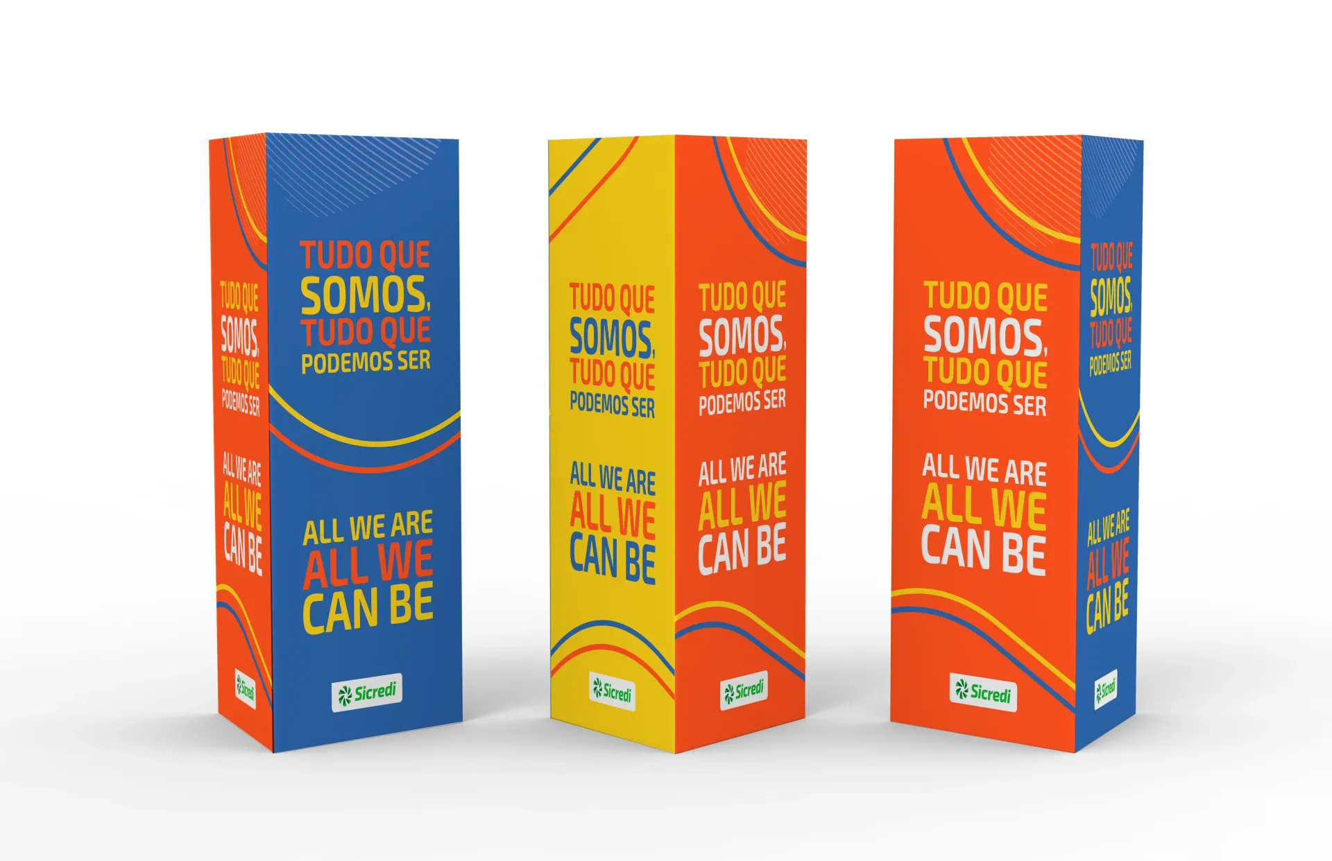 Um conjunto de quatro caixas coloridas com as palavras ``tudo o que podemos ser'' nelas.