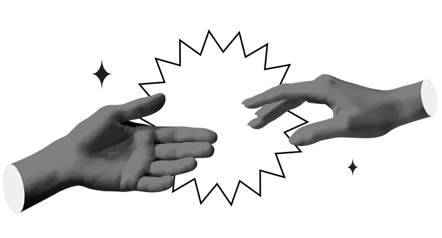Uma ilustração em preto e branco de duas mãos se alcançando.