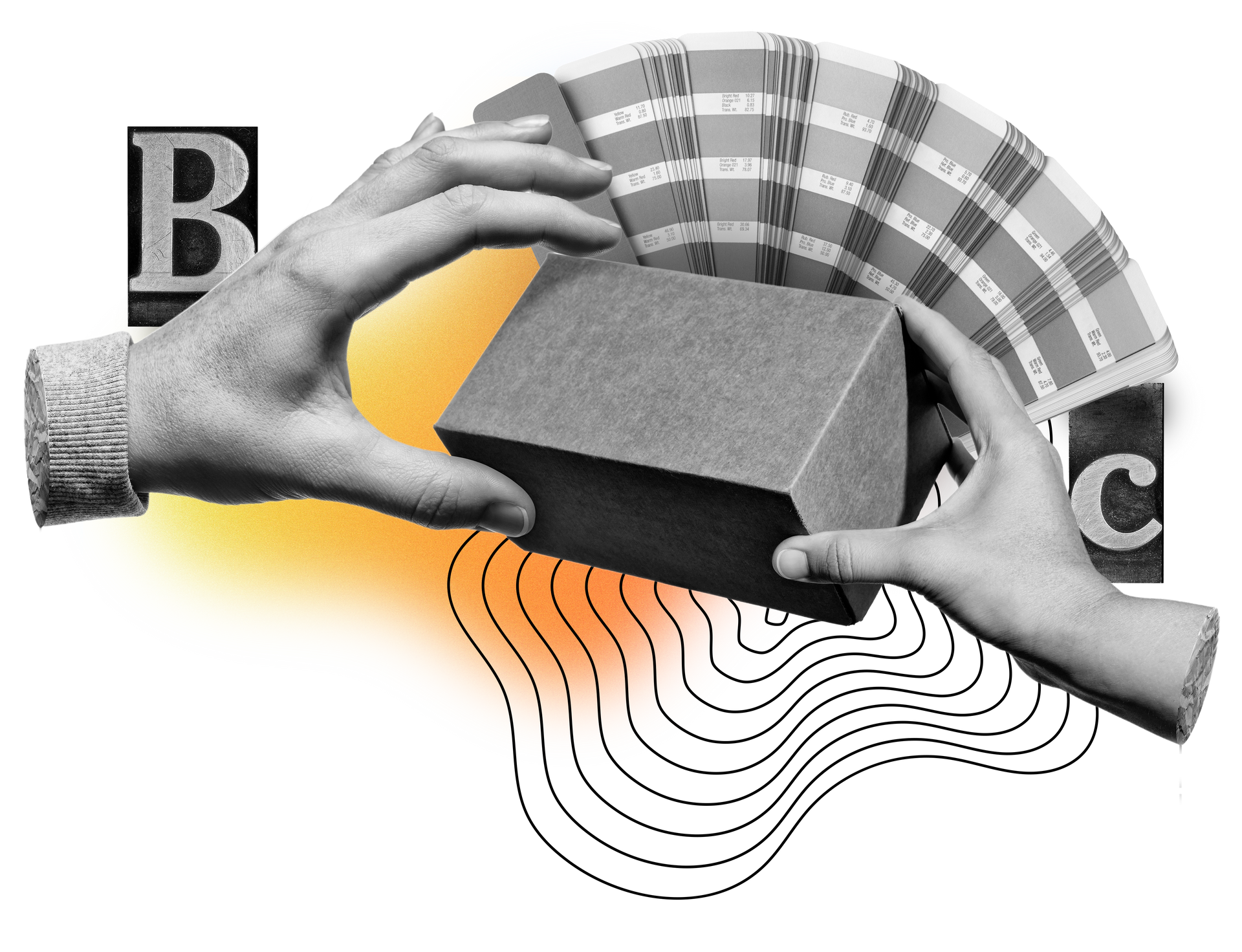 Duas mãos seguram um bloco acima de um desenho topográfico, com um leque de cores e as letras 