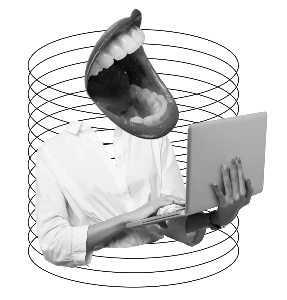 Um homem de terno e gravata está segurando um laptop com a boca aberta