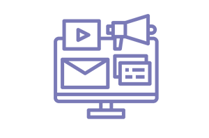 Um ícone preto e branco de um monitor de computador com megafone, envelope e vídeo.