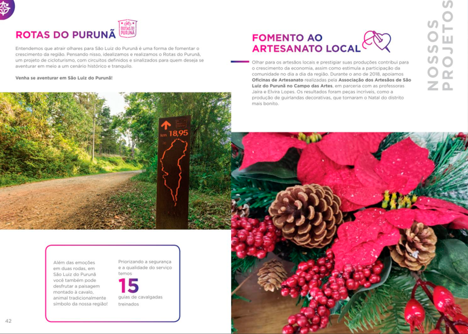 Uma página do relatório do Instituto Purunã mostrando imagens do lugar e explicando um pouco sobre o artesanato local.