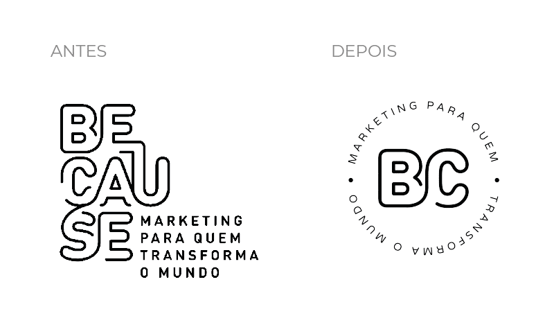 Antes e depois da logo da BC Marketing, seguindo o minimalismo, umas das tendências de design 2022