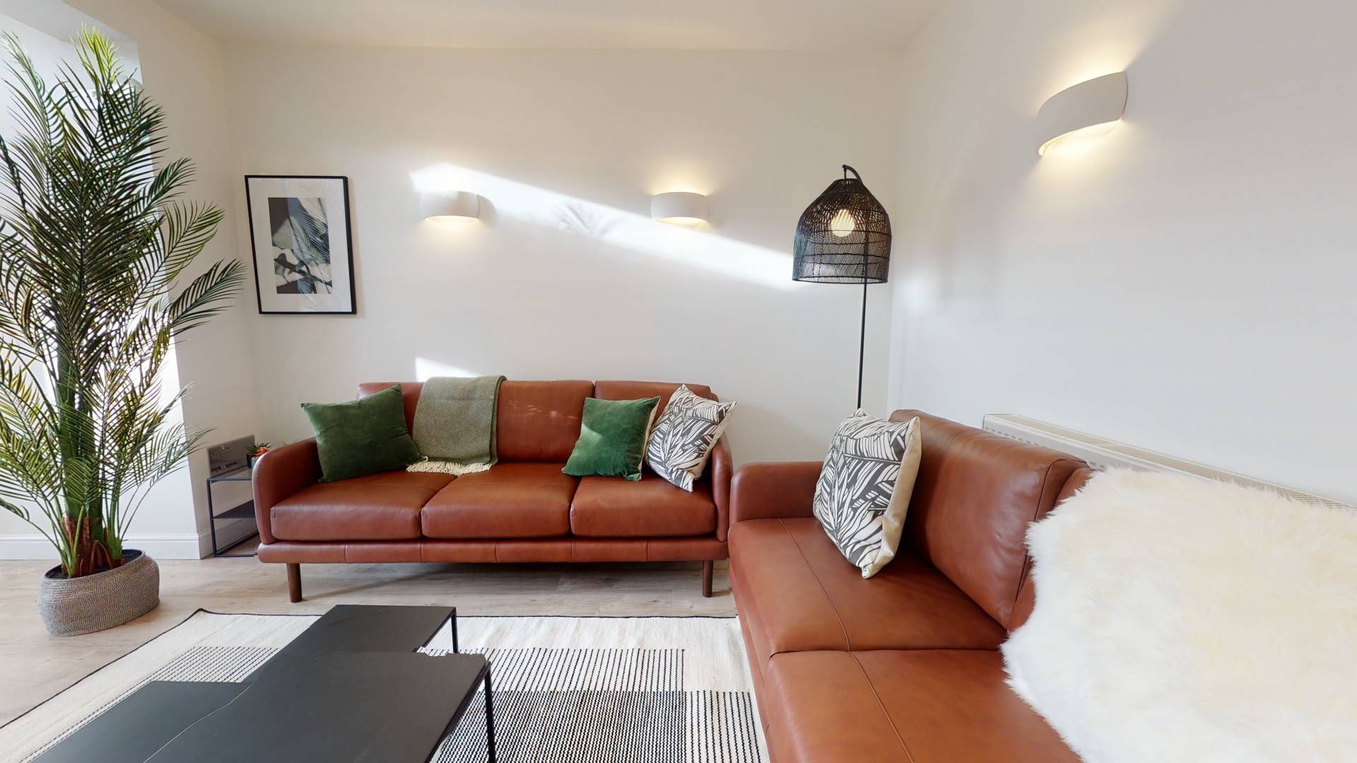 Living room with brown leather sofas, decorative pillows, rug, and tall plant.