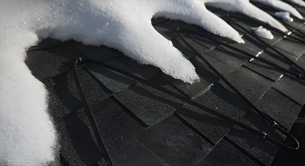 Snow-covered black asphalt shingles on a rooftop, highlighting melting patterns.