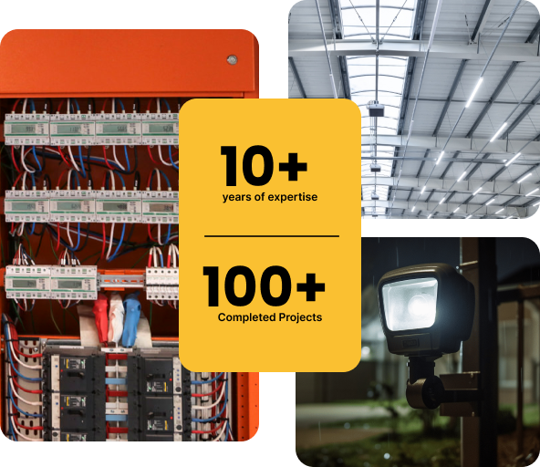 Electrical panel with wiring, warehouse lighting, and outdoor security light; 10+ years of expertise, 100+ completed projects.