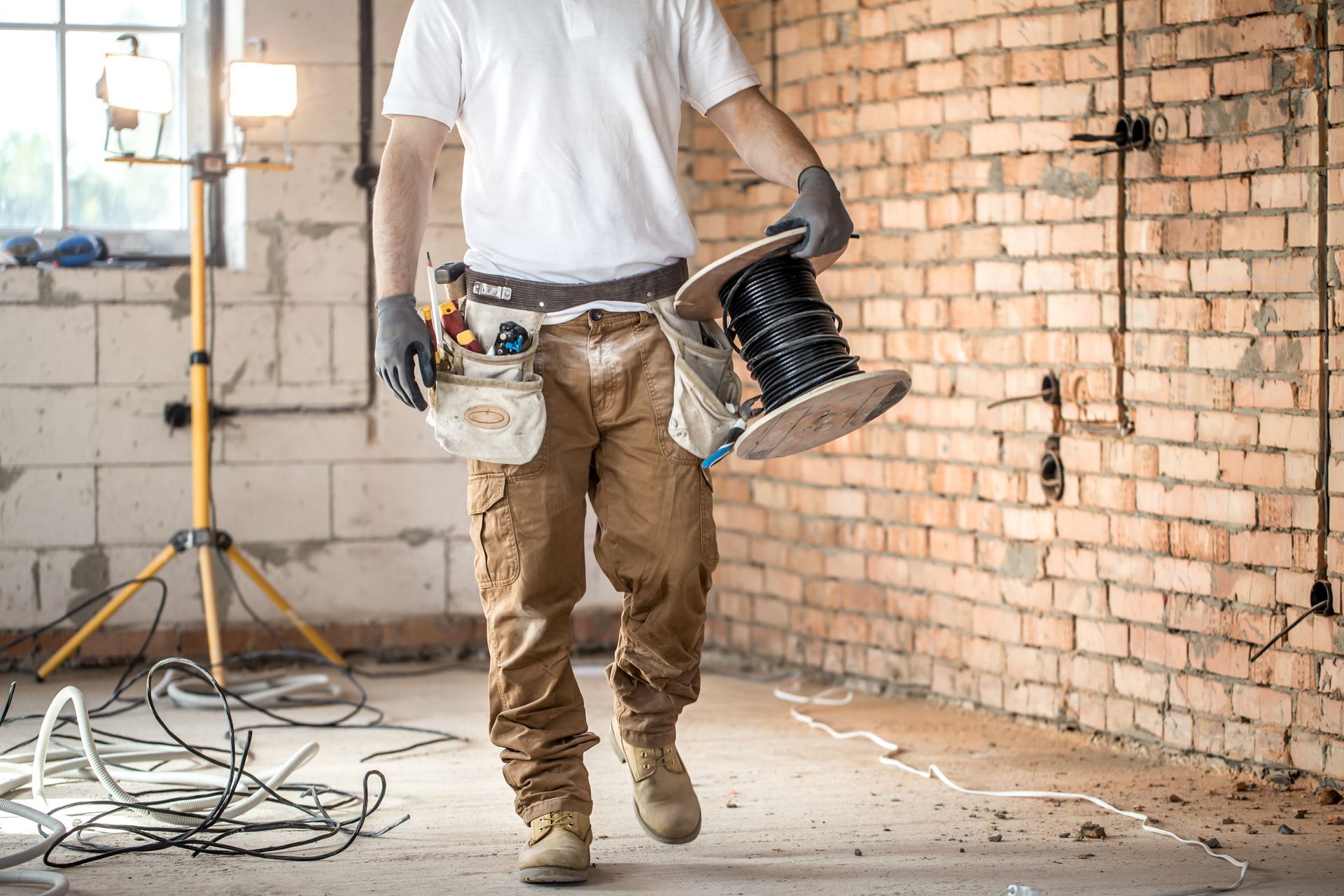 Electrician carrying a spool of wire, wearing work clothes, in a room with exposed brick walls and electrical wiring.