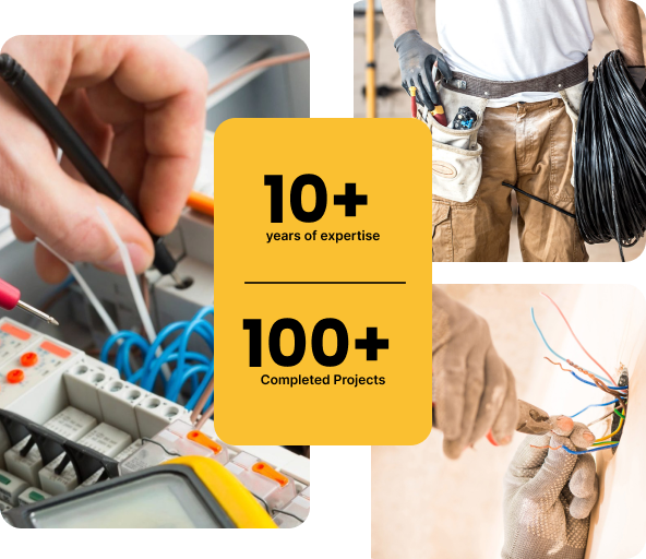 Electrician work: 10+ years experience, 100+ completed projects. Hands working with wires, tools.