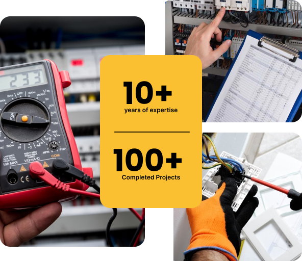 Electrical work with multimeter, control panel, and wiring; text overlay: 