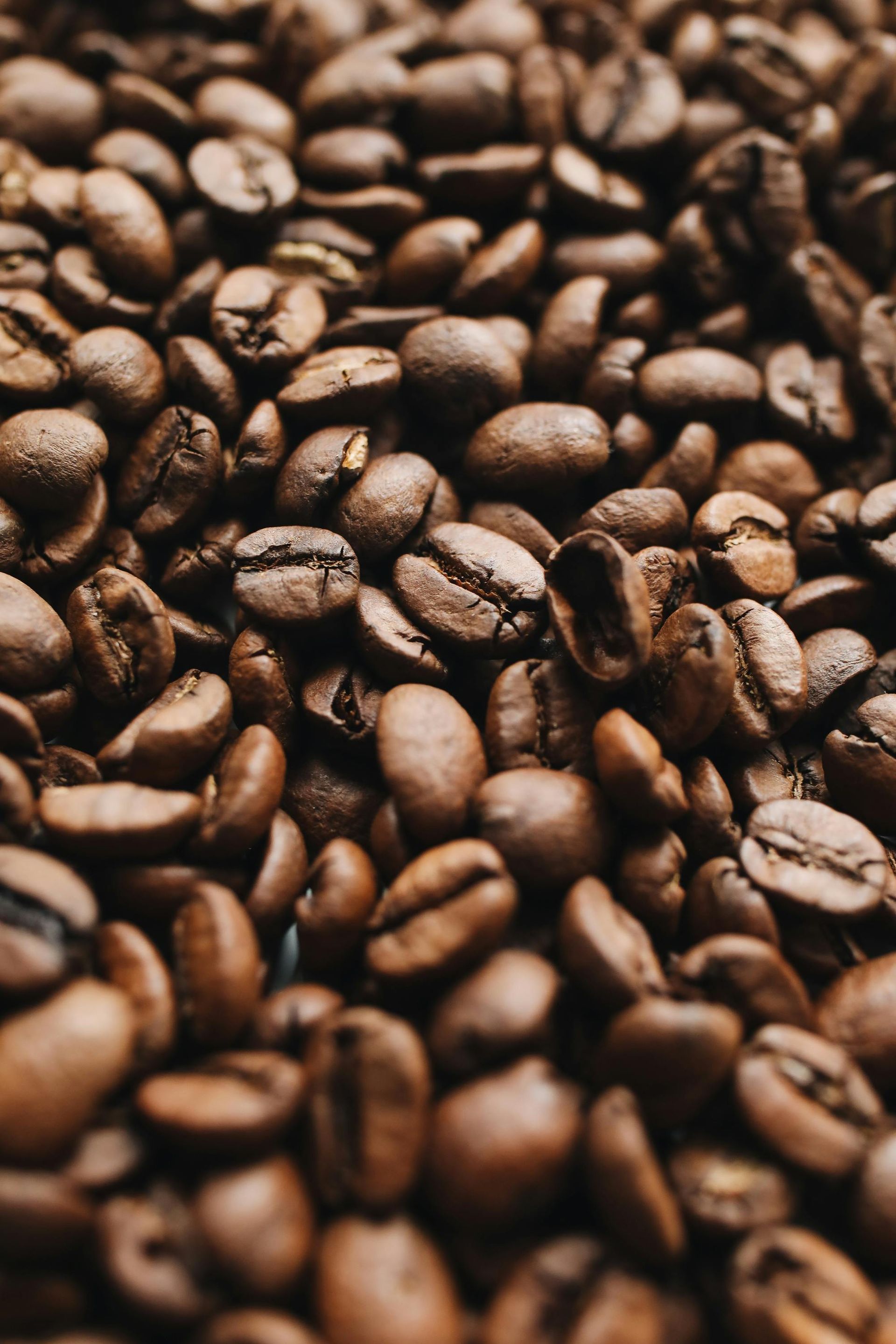 A close-up, high-angle view of a large pile of roasted, brown coffee beans.