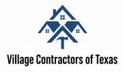 Logo for Village Contractors of Texas: Blue roof-shaped homes stacked with a hammer below; text below.