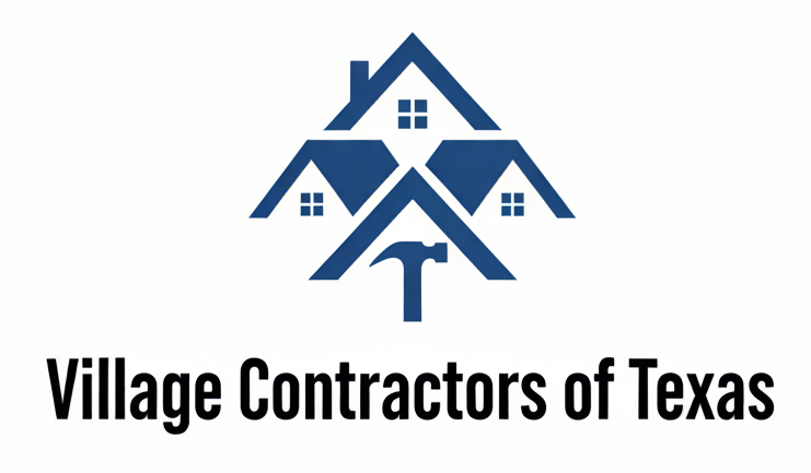 Logo for Village Contractors of Texas: Blue roof-shaped homes stacked with a hammer below; text below.