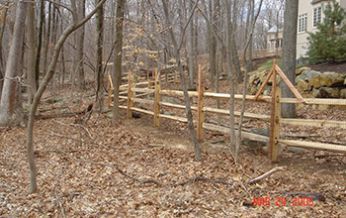 A wooden fence in the middle of a forest
