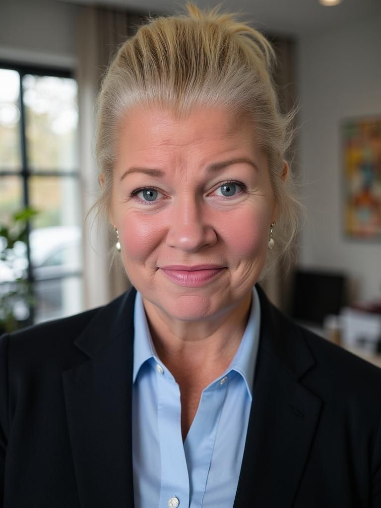 A woman wearing a white turtleneck and a tan jacket is smiling for the camera.