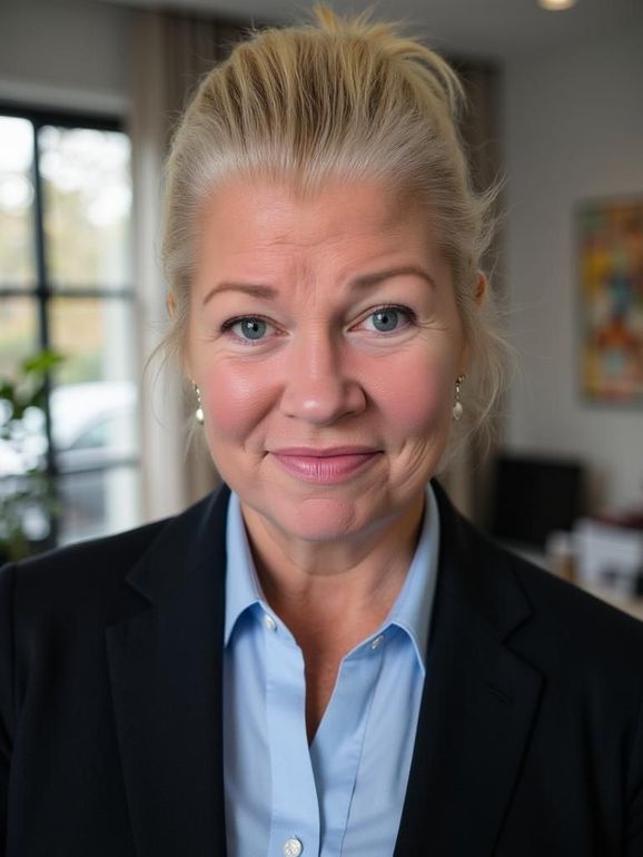 A woman wearing a white turtleneck and a tan jacket is smiling for the camera.