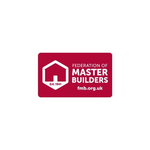 Red badge with white logo: Federation of Master Builders, building icon, text, fmb.org.uk.