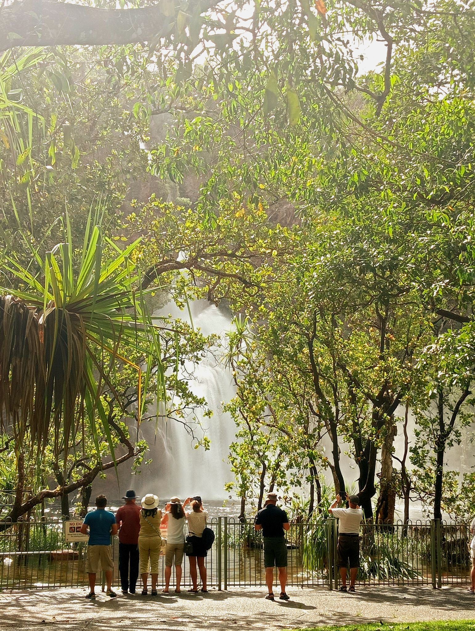 A Group of People Are Standing in Front of a Waterfall  — NT Driver Guide - Escorted Touring & Transfers in Darwin City, NT