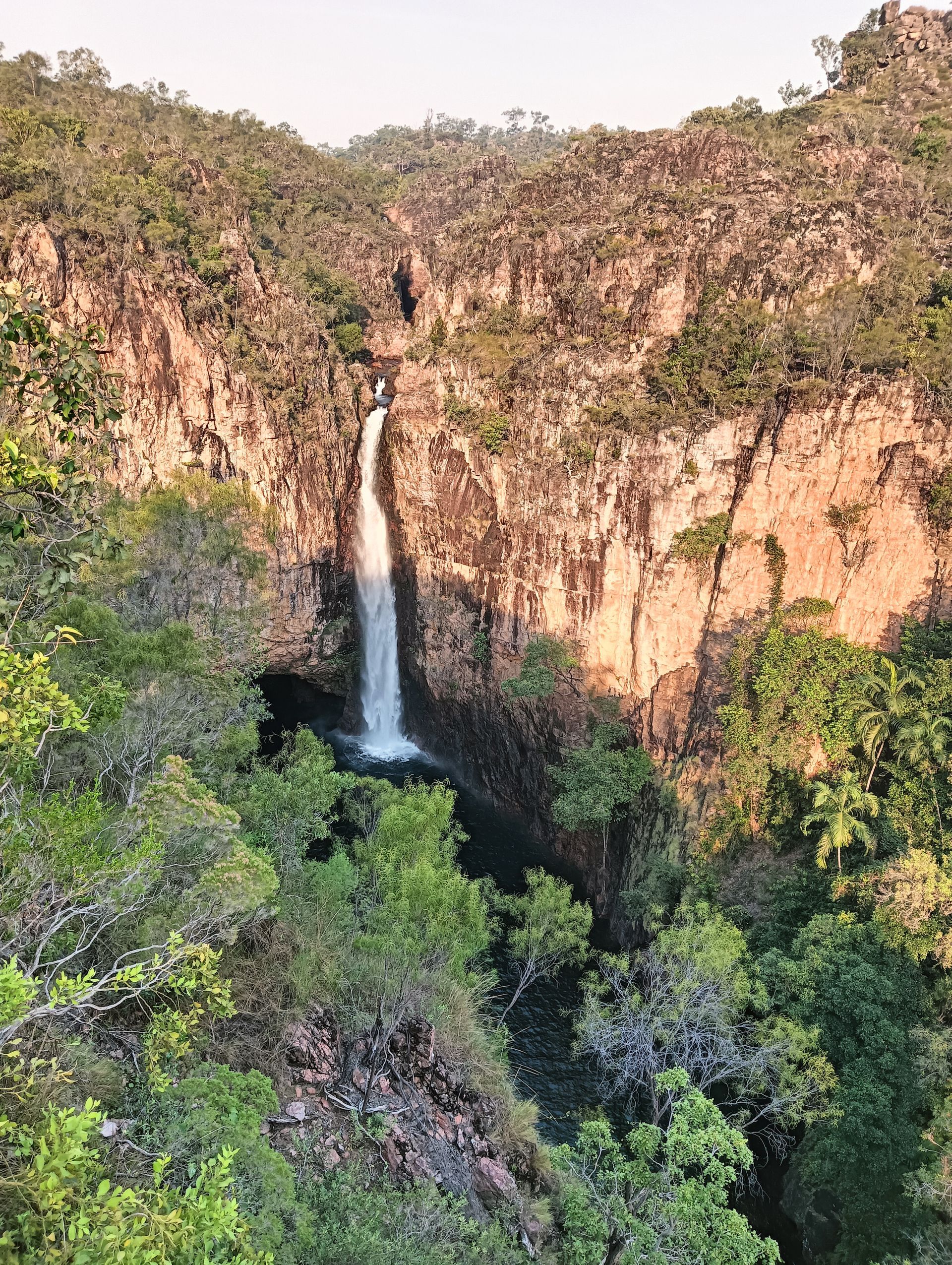 Waterfall cascading down a cliff face surrounded by lush green foliage and rocky terrain — NT Driver Guide - Escorted Tours & Transfers in Darwin City, NT