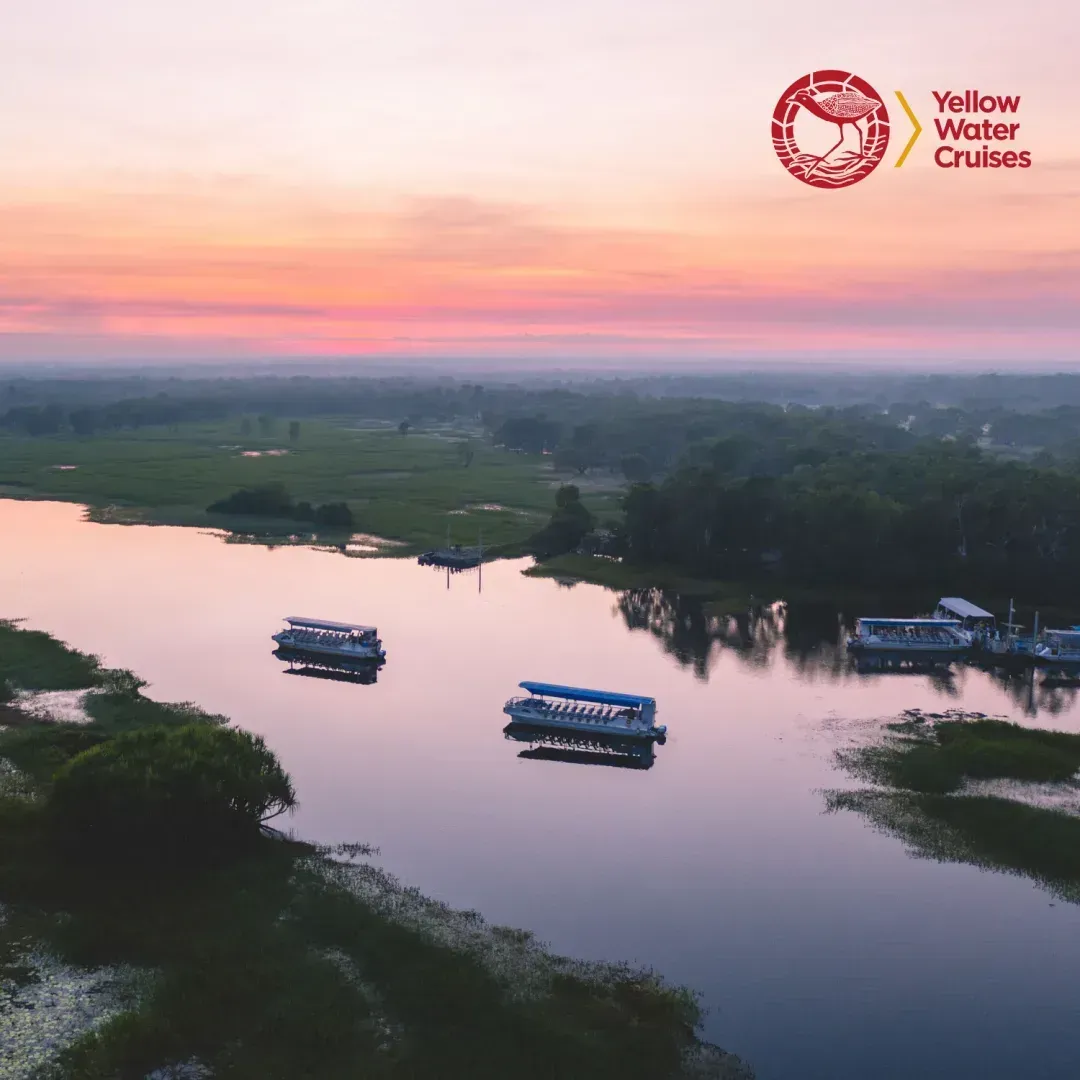 Boats cruising on a calm river at sunset; marshland and trees line the banks. Yellow Water Cruises logo — NT Driver Guide - Escorted Tours & Transfers in Darwin City, NT