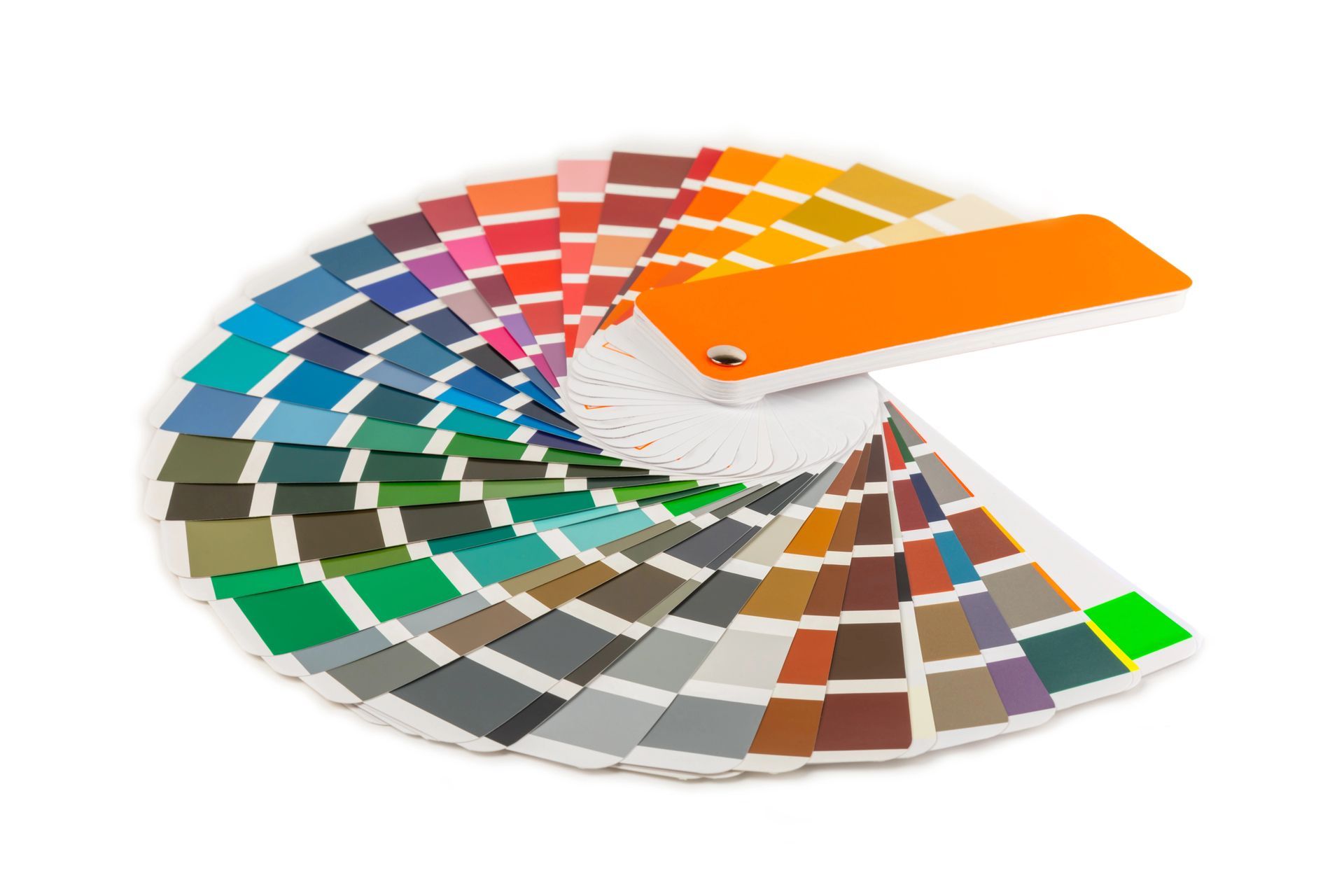 Color swatch fan displaying a variety of paint colors, organized in a spiral.