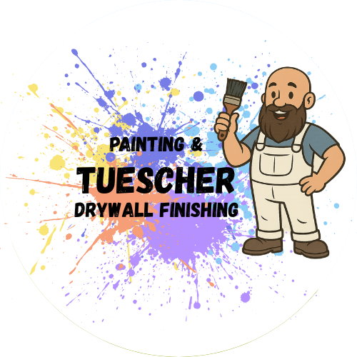 A man with a beard is holding a paint brush in front of a painting and drywall finishing logo.