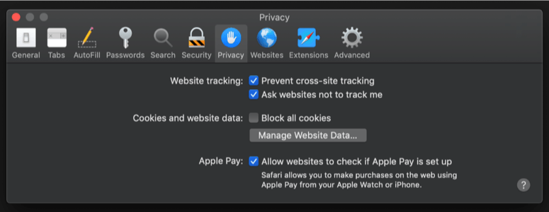 Screenshot image showing the privacy area of the setting menu in Safari