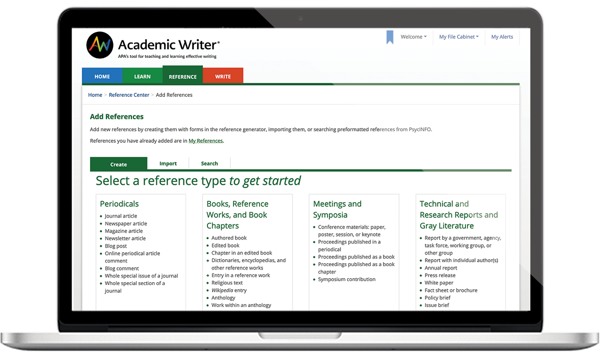 A laptop displaying a preview of the Academic Writer™ Reference Center webpage