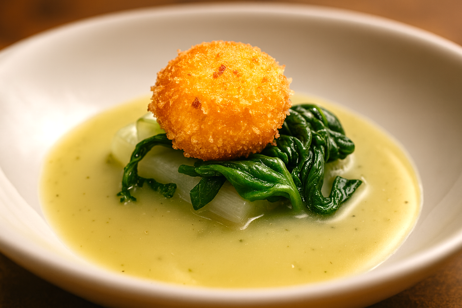 Ciotola bianca di zuppa con sfere fritte, verdure e blocco bianco.
