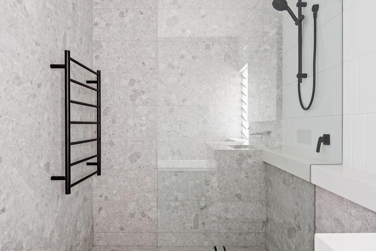 A Bathroom With A Walk In Shower And A Towel Rack — Master Glass & Glazing In Belmont, NSW