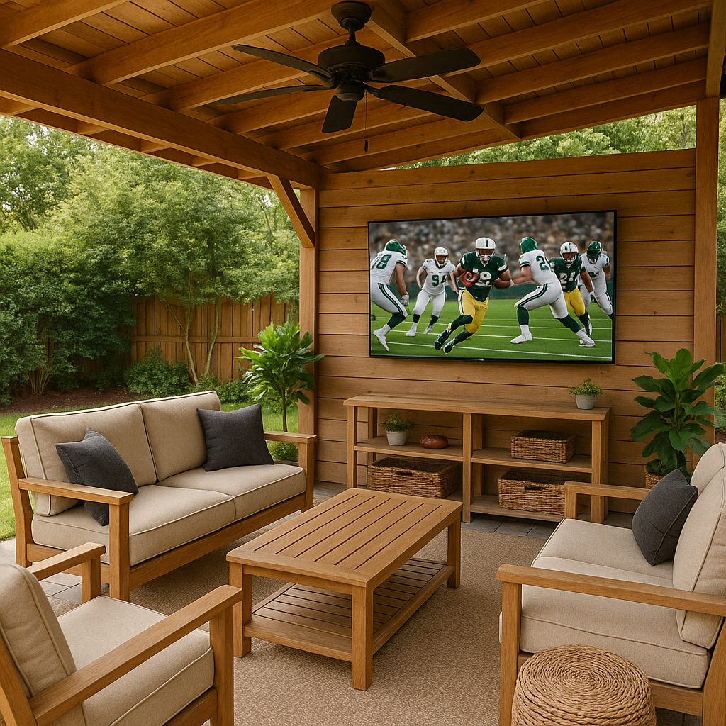 Outdoor patio with seating, TV, and ceiling fan; football game on the screen.