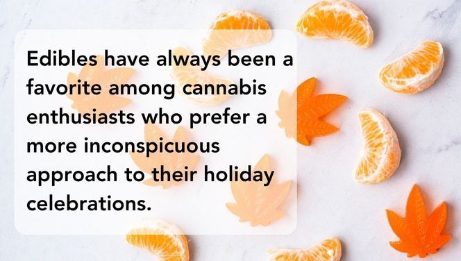 Weed Edibles have always been a favorite among cannabis enthusiasts who prefer a more inconspicuous and discreet approach to their holiday meals. Orange marijuana leaf gummies next to orange slices.