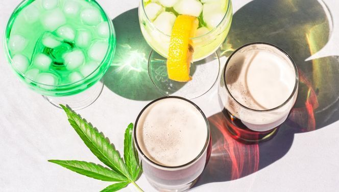 An array of THC cannabis infused mocktails are displayed as a discreet cannabis choice for holiday parties. Squeeze THC beverage enhancers added.