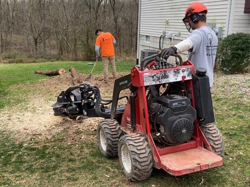 Two men removing a tree stump with a grinding machine in a yard.