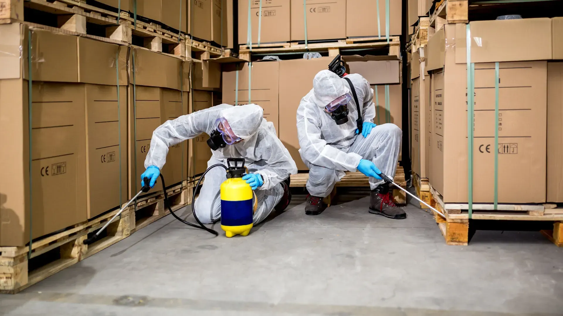 Two workers in protective suits spraying insecticide in a warehouse.