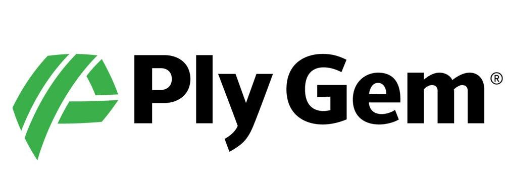 The logo for ply gem is green and black with a green arrow.