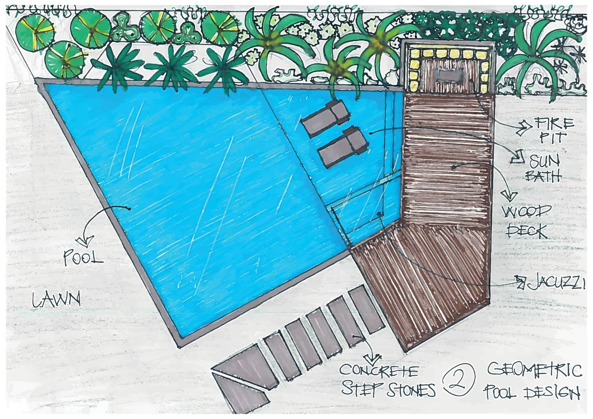 A drawing of a swimming pool with a wooden deck