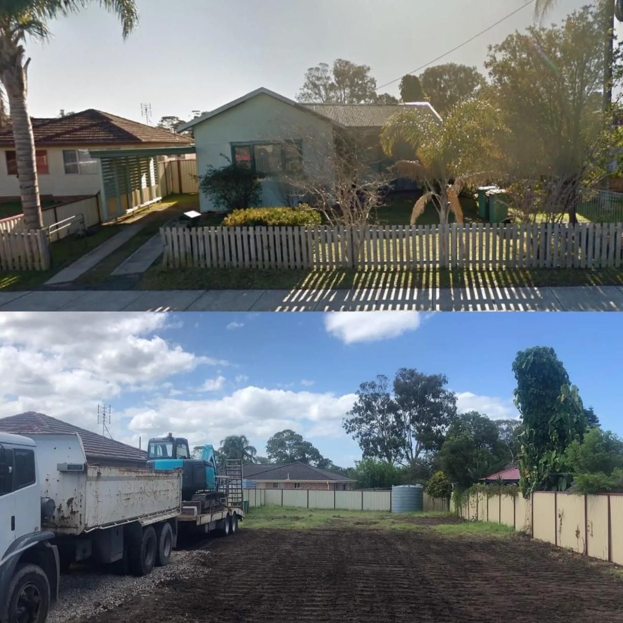 A Before and After Photo of A House and A Truck — Central Coast Complete Demolition & Tree Service in Buff Point, NSW