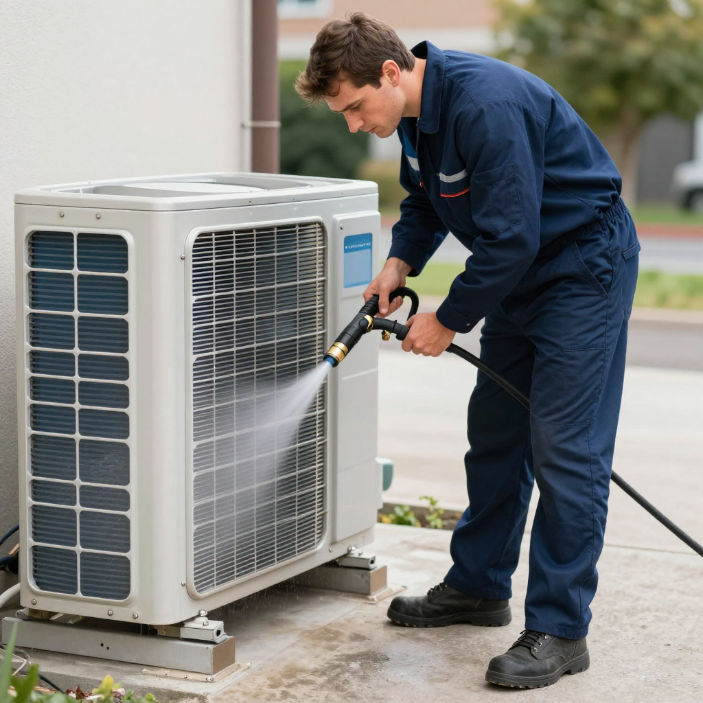 A technician in a blue uniform cleans an outdoor HVAC condenser unit with a spray nozzle.