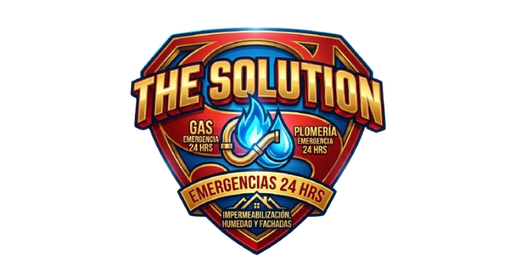 Logotipo de escudo rojo y dorado con la inscripción “LA SOLUCIÓN”, una gota de agua y el texto “Servicio de emergencias”.