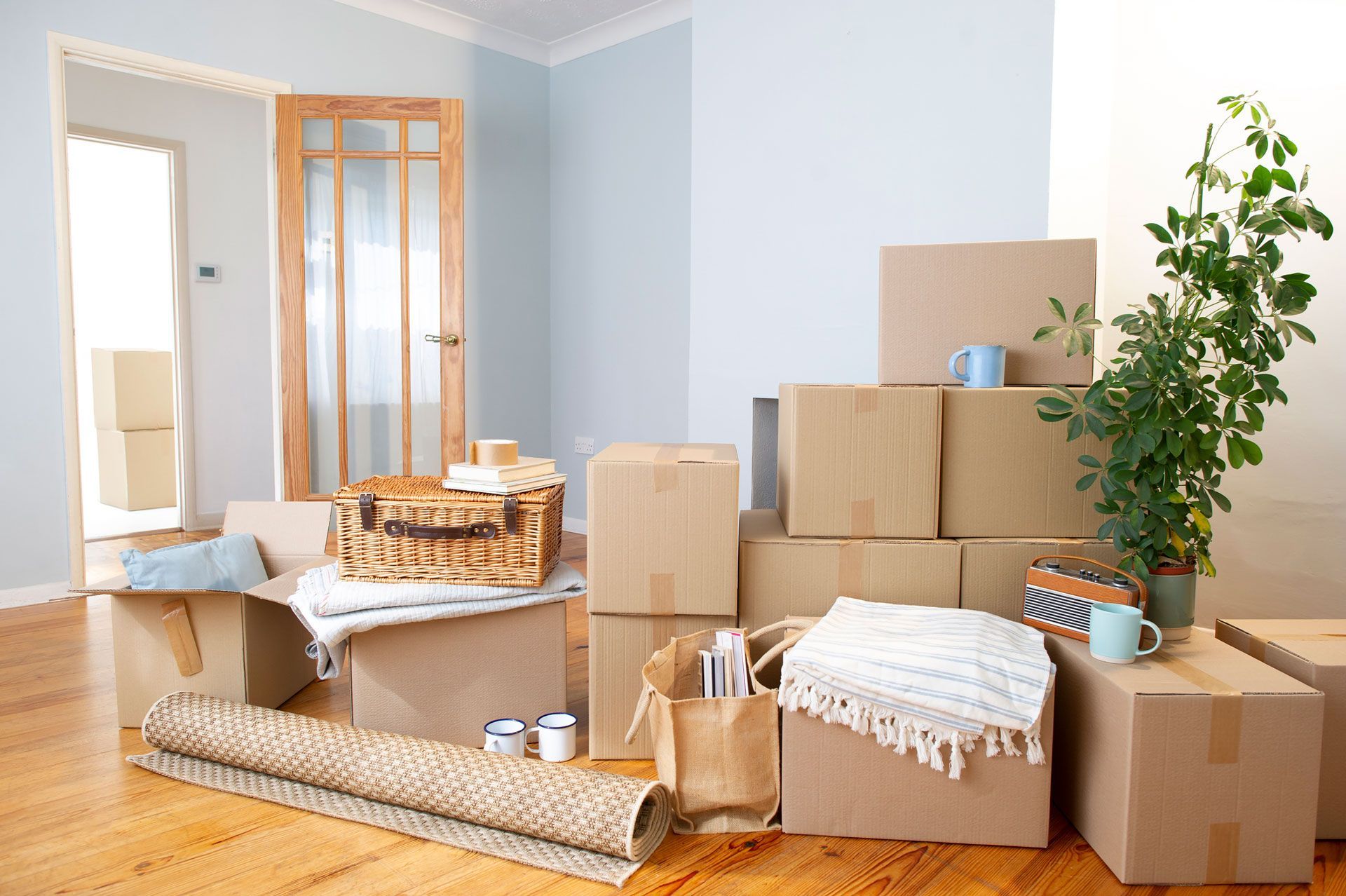 A living room filled with cardboard boxes and a rug.