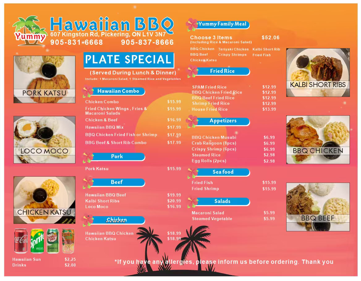 Hawaiian BBQ menu with plate specials, combo meals, and food photos on an orange background