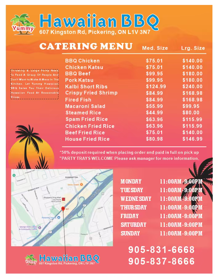 Hawaiian BBQ catering menu flyer with orange-red gradient, food items, map, hours, and phone numbers